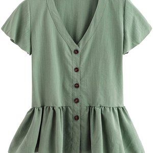 Verdusa Women's Casual V Neck Single Breasted Ruffle Hem Peplum Blouse Tops